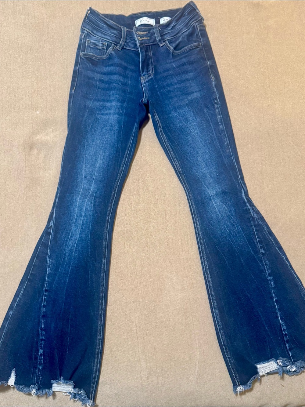 KanCan Dark Indigo Flare Jeans with Frayed Hem